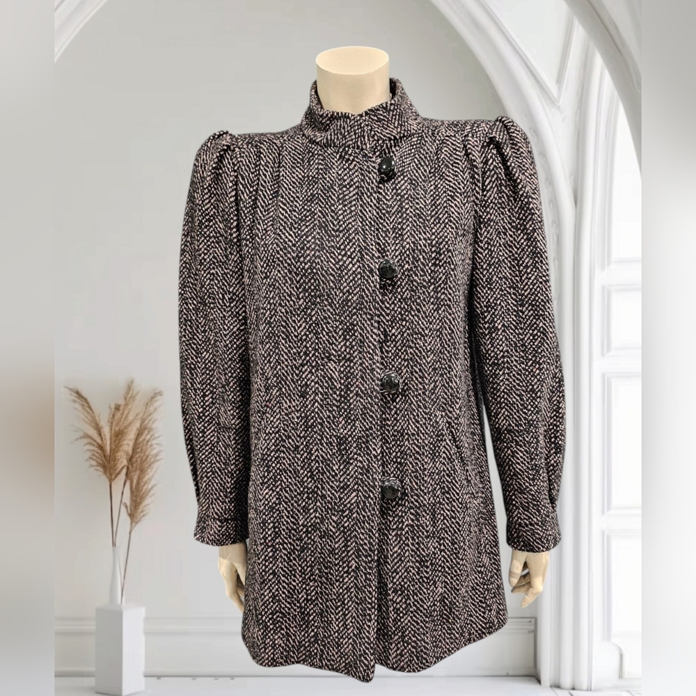 Vtg 80s CITY LIMITS Wool Blend Tweed Pink Black Pleated Shoulder Coat S